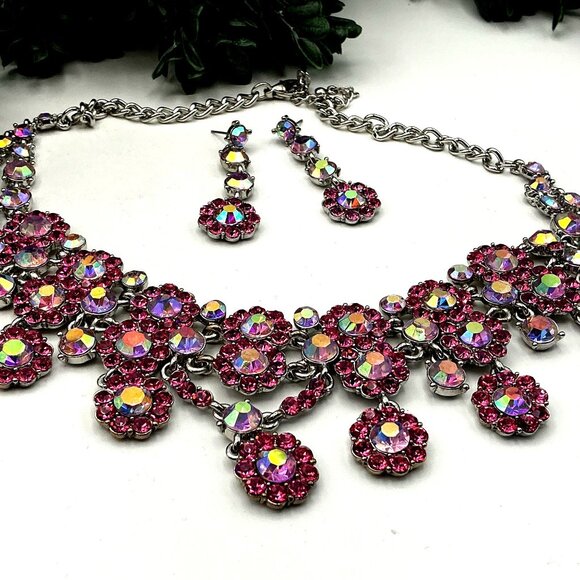 Pink Rhinestone Statement Necklace & Dangle Earrings Set - Picture 3 of 7